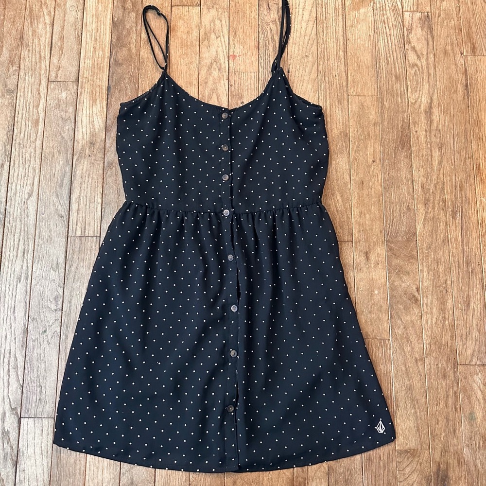 Volcom Pinup Retro Dress M Polka Dot Button Front Black Modern Casual Indie